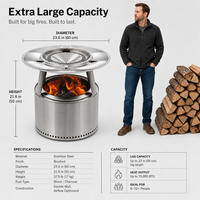 Brasero à bois sans fumée avec déflecteur de chaleur en acier inoxydable et couvercle pare-étincelles pour patio, jardin, camping, feu de camp