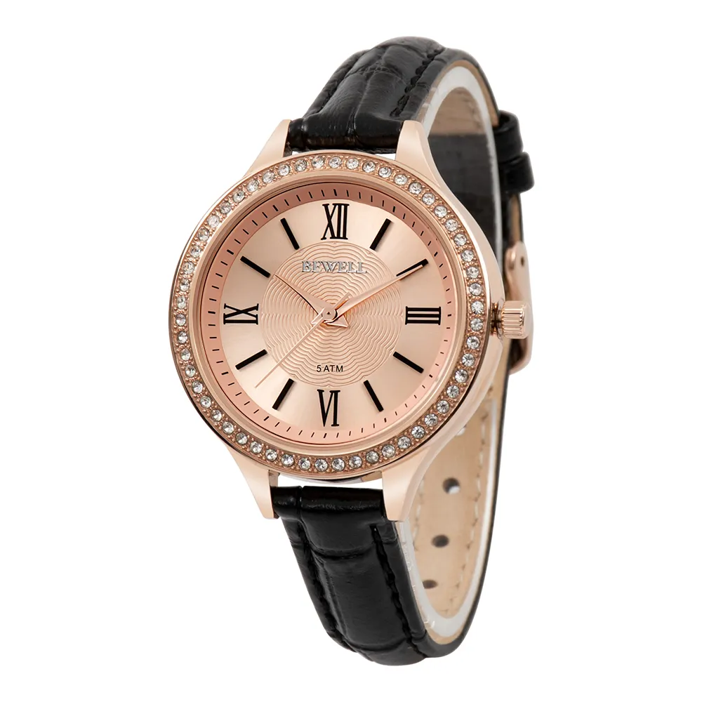 Goldlis Watches Price Custom Bewell Luxury Watch Leather Hand Watch Ladies Rose Gold Diamonds Watch For Women