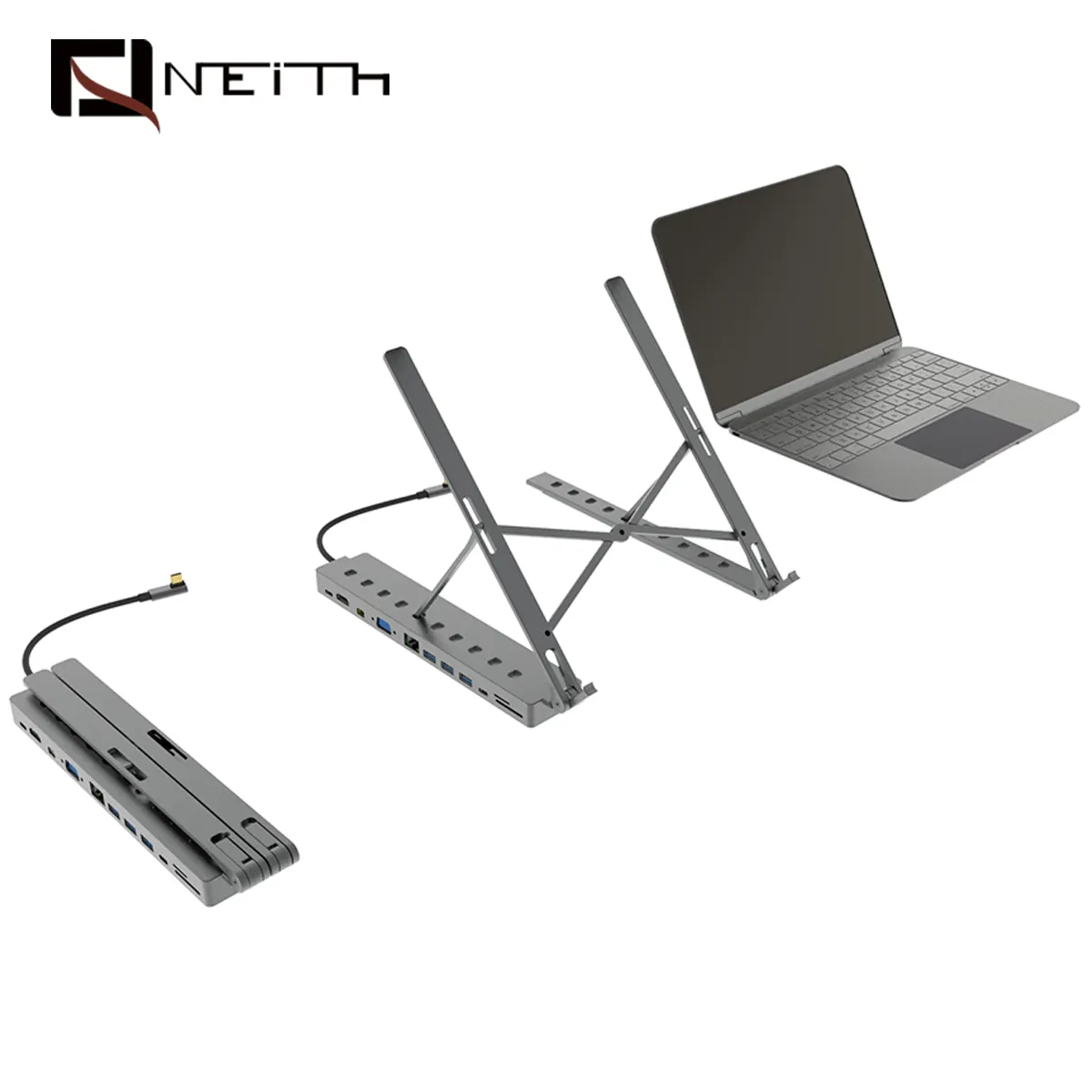 Алюминиевая Подставка для ноутбука Neith, Регулируемый USB C 12 в 1 hub, Многофункциональный перезаряжаемый адаптер PD HDMI DP VAG SD CARD hub