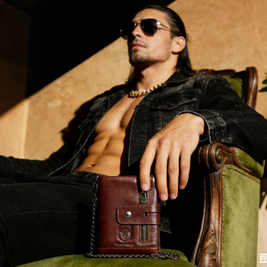 BULLCAPTAIN Chain Wallet <b>Men</b> <b>Purse</b> Double Zipper Cowhide Coin <b>Purse</b> Card Holder Rfid Blocking Genuine Leather Wallet <b>Men</b> Bag - Product Image 2