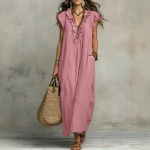 Vestido Largo Vintage al por Mayor con Volantes, Cuello en V, Sin Mangas, Transpirable, con Bolsillos, Casual, para Playa, Banquete, Ropa de Calle, Elegante, para <span class=keywords><strong>Mujer</strong></span> - Product Image 3