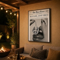 Impression sur toile encadrée noir mat style journal vintage, vente en gros, 'No Panic Just Disco', pour décoration murale de lieux de loisirs et de plage