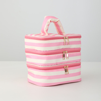 Sac de Maquillage Tendance Rose Rayé Écologique Portable avec Fermeture Éclair et Poignée pour Femme – Vente en Gros