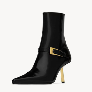 Bottines à talons aiguilles avec boucles métalliques, bottines sexy pour femmes, bout pointu, talons hauts dorés, chaussures en cuir verni - Product Image 2