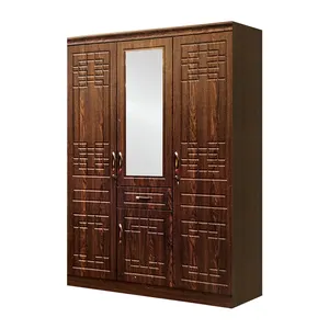 Antique bedroom wardrobe design 3 door 1500mm bedroom furniture wardrobe brown mdf wardrobe plastic with mirror