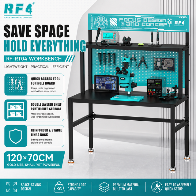 RF4 Heavy Duty Mobile Phone Repair Workbench with Pegboard Adjustable Feet Electronics Maintenance Table