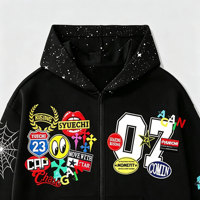 Özel Yapım Graffiti Patchwork Baskılı Büyük Beden Kalın Polar Kapüşonlu Sweatshirt Y2K Sokak Modası Fermuarlı Kapüşonlu Üst