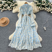 Robe décontractée élégante pour femme WIWT, coupe trapèze, broderie en dentelle, manches longues, col montant, avec ceinture, pour le quotidien et les vacances