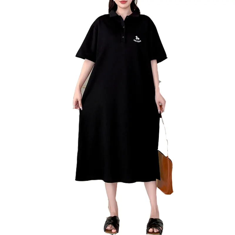 Vestido de manga corta de verano para mujer occidental, Camisetas largas, camisetas informales holgadas Midi de algodón con cuello Polo bordado, vestidos de camiseta