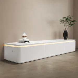 Armário de TV de madeira maciça moderno e simples piso branco com canto arredondado e armário integrado para TV
