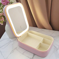 Miroir de courtoisie portable pliable en PU avec lumière LED tricolore, sac de rangement pour maquillage et bijoux en extérieur, produit de beauté et de soins personnels