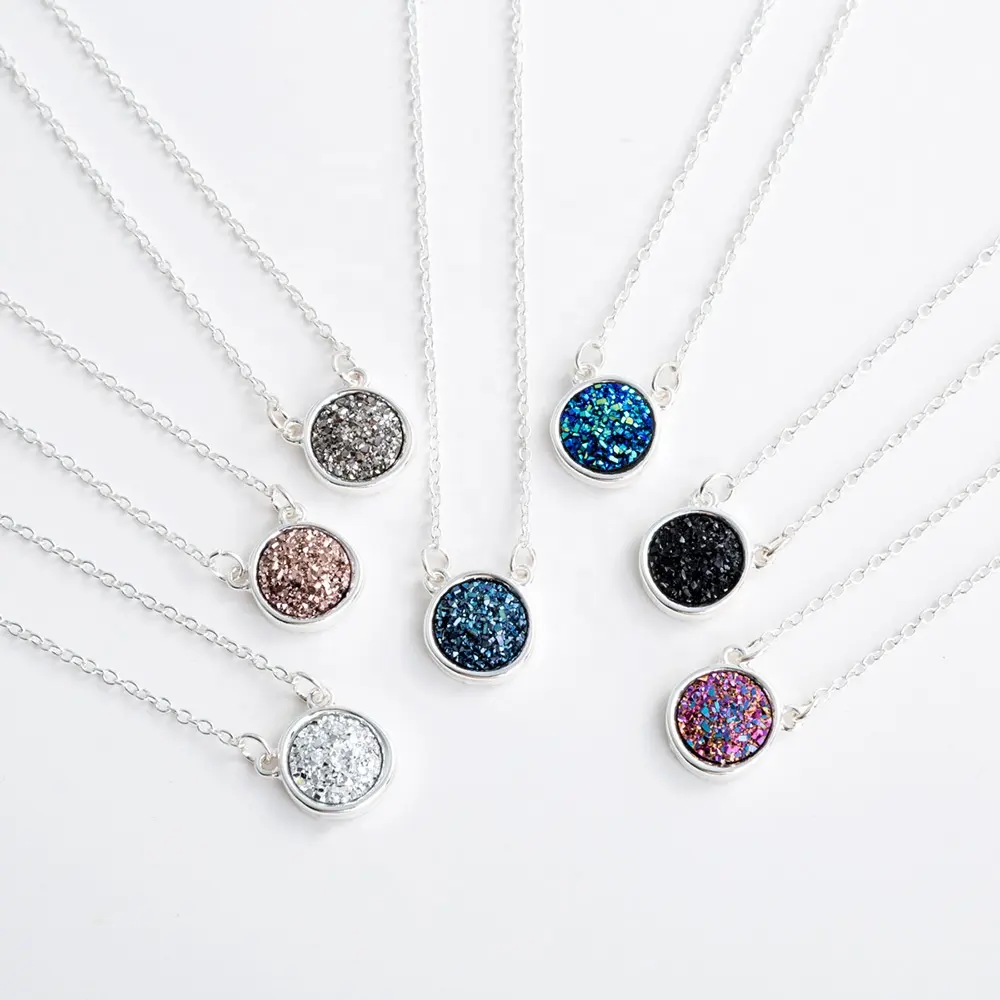 New 6 Colors Drusy Druzy Pendant Necklace Resin Geometric Irregular Round Charms Silver Colour Chain Fashion Brand Jewelry Women