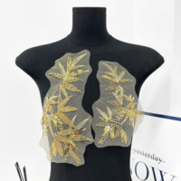 Applique florale perlée faite à la main, broderie de sequins dorés, patch en dentelle pour robe de mariée et accessoires vestimentaires