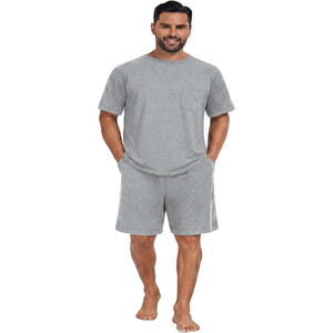 Conjunto de Pijama de Dos Piezas para Hombre, Talla Grande, Verano, Casual, 100% Algodón, Tejido de Punto, Color Sólido, Gris, Camiseta de Manga Corta y Pantalones Cortos - Product Image 1
