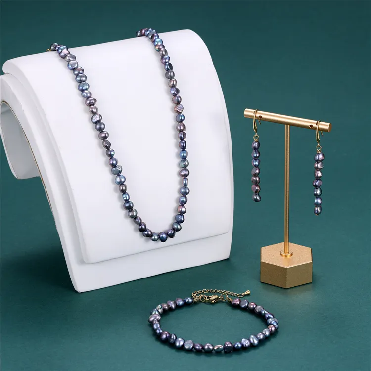 Simple classique tout acier inoxydable tout naturel eau douce noir baroque collier de perles boucles d'oreilles bracelet ensemble en gros