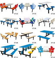 Ensemble table et chaises de cantine intégrées 4 places en bois courbé, banc cantilever pour cantine scolaire et cafétéria
