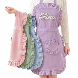 Custom Embroidered Corduroy <b>Apron</b>, Cute Ruffled <b>Kitchen</b> Baking <b>Apron</b> with Heart Pocket, Personalized Cottagecore Gift for <b>Women</b> - Product Image 1
