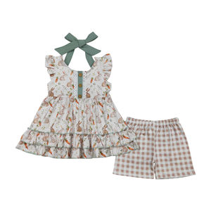 Nouvelle collection Printemps 2026 : Ensemble décontracté pour bébés filles, Tunique mignonne à motif lapin pour Pâques et short imprimé léopard en tissu peigné - Product Image 1