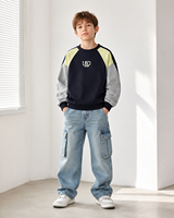 Sudadera de Bloques de Color para Niños 2026, Novedad, Estilo Urbano con Parches, Jersey Casual Hip Hop de Corte Holgado con Cuello Redondo, Moda Primavera Otoño
