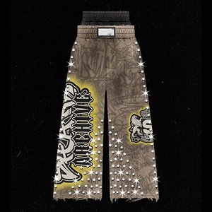 กางเกงขายาวประดับคริสตัลแบบสั่งทำพิเศษ ผ้าคอตตอนหนา 100% ล้างสีแบบแอซิดวอช เอวสองชั้น ขากว้างทรงแบ็กกี้ - Product Image 5