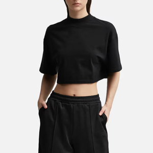 100% Baumwolle Plain Black Crop <span class=keywords><strong>Top</strong></span> Femme Turtle Neck Dropped Schultern Frauen Crop <span class=keywords><strong>Top</strong></span> High Neck Short Tee - Product Image 5