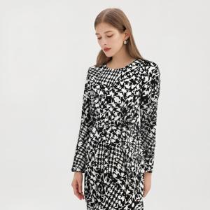 Vintage Damen deutschen Stil Polyester Strick Ponte Hahnen tritt bedruckt Langarm Midi-Arbeits kleid mit Rundhals ausschnitt