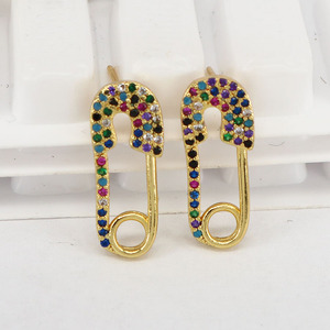 EC1457 Dainty Ladies' Gold Rainbow CZ Micro Pave <strong>Safety</strong> <strong>Pin</strong> <strong>Earrings</strong> , Fashion Diamond <strong>Safety</strong> <strong>Pin</strong> Stud <strong>Earrings</strong> - Product Image 3
