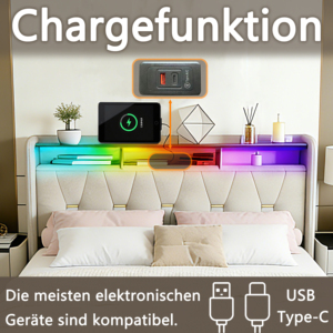 <span class=keywords><strong>Letto</strong></span> imbottito in lino, dotato di striscia LED, ricarica USB e Type-C, cassetti, ripiano sulla <span class=keywords><strong>testiera</strong></span> e doghe in <span class=keywords><strong>legno</strong></span>, beige. - Product Image 5