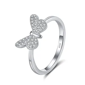 RINNTIN SR59 In magazzino moda lucido zircone cubico farfalla anello gioielli donne all'ingrosso reale 925 anelli d'argento set per coppia
