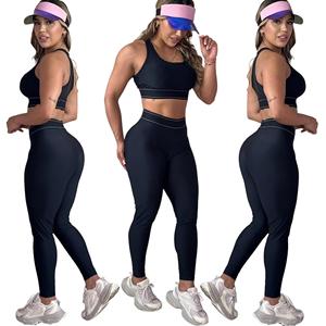 Yoga Set Women <b>Black</b> Spandex Crop Top Full Length <b>Leggings</b> Sleeveless Crisscross Straps Crew Neck Fitness Workout Wear - Product Image 6