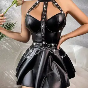 Seksi patent deri korse perçin punk elbise erotik iç çamaşırı dışında takılabilir