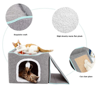Vente en gros grand lit carré pliable pour chat nid d'intérieur pour animaux de compagnie avec boule moelleuse suspendue fonction de coussin à gratter pour chat qui dort