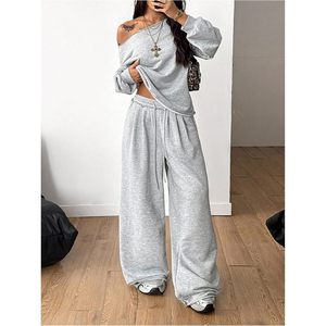 Conjunto de 2 Piezas de Sudadera sin Cuello para Mujer, Pantalones Deportivos Holgados de Forro Polar Transpirable, Atuendo Informal Combinado para Todas las Temporadas - Product Image 3