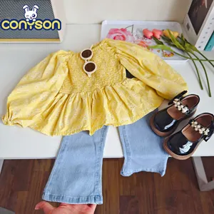 Conyson Korean neonata Fashion Suit primavera bambino giallo manica a bolle camicia floreale Jeans due pezzi abbigliamento per bambini Set da ragazza