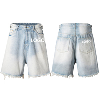 Short en jean à ourlet effiloché pour homme, bleu clair délavé, avec passants de ceinture, fermeture éclair, poche à monnaie, poche arrière, coupe ample, longueur mi-cuisse, idéal pour la plage
