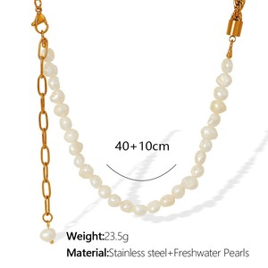 Bracelet à maillons en chaîne plaqué or avec perles d'eau douce, acier inoxydable, bijoux classiques pour femmes, 40+10cm - Product Image 6