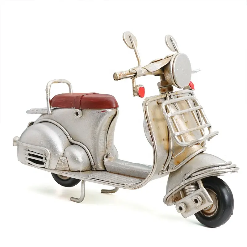 Handmade Metal Crafts Classic Silver Color Vintage Motorcycle Model Retro Mini Scooter Statue Gift Home Office Decor