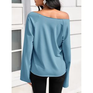 Tunique pour femme à épaules dénudées, manches longues, légère, coupe oversize, bleue, asymétrique, en jersey respirant - Product Image 5
