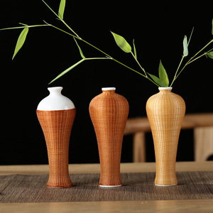 Handmade Bamboo Woven Ceramic <b>Vase</b> Round Asian Zen Style Decorative <b>Small</b> Plum <b>Vase</b> For Tea Room And Dining Table - Product Image 1