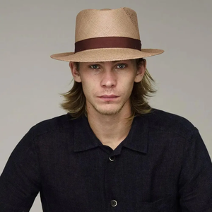 Unisex Toquilla Straw Panama <b>Hat</b> With Brown Ribbon <b>Band</b> Wide Brim Outdoor Sun Protection Adult Size 56-58CM - Product Image 3