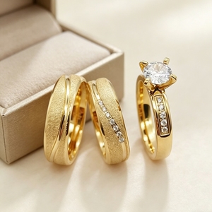 His and Her Matching Wedding <strong>Ring</strong> <strong>Set</strong> 3pcs 18K <strong>Gold</strong> Plated Frosted Couple Engagement Promise <strong>Rings</strong> With Cubic Zirconia - Product Image 1