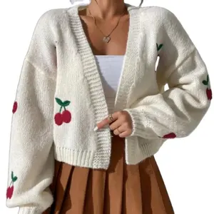 Venta al por mayor de alta calidad de las señoras de punto corto Tops suéter cárdigan de las mujeres de gran tamaño de manga farol cereza bordado chaqueta