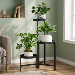 Support à fleurs moderne en métal à trois niveaux circulaires pour plantes d'intérieur, design minimaliste, finition noire - Product Image 1