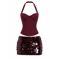 Anjie OEM ODM Ensemble 2 pièces pour femme : Haut corset dos nu et mini-jupe à paillettes, bordeaux, pour soirée, marque privée, vente en gros