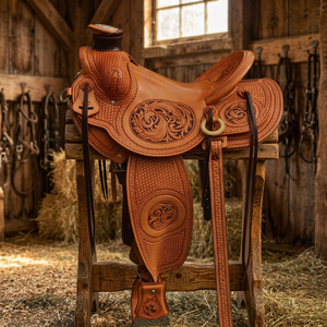 Sillín de Carreras de Cuero Genuino BS International NA81, el Más Vendido, Ecológico, Estilo Inglés, con Cabresto de Madera para Caballo, Equipo Ecuestre - Product Image 1