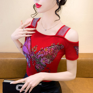 Nueva Blusa Elegante de Doble Capa <span class=keywords><strong>con</strong></span> Pedrería y Malla de Seda Helada, Manga Corta, Hombros Descubiertos y <span class=keywords><strong>Espalda</strong></span> <span class=keywords><strong>con</strong></span> Diseño Atractivo - Product Image 2