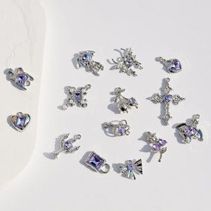 Colgante de aleación de diamante morado con forma de corazón, cruz, alas y lazo, accesorio de joyería para bricolaje, para pendientes, pulseras y collares de mujer - Product Image 1