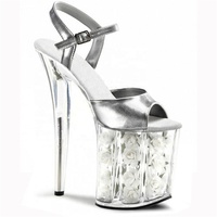Sandales compensées transparentes à talon haut de 20 cm (8 pouces) avec fleur blanche, plateforme de pole dance, en PU, à bride cheville, rembourrées, bout ouvert, pour l'été