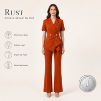 Costume de bureau pour femmes JINYUAN, blazer à double boutonnage à manches courtes de couleur orange rouille, pantalon évasé, vêtements de bureau, fabrication OEM ODM