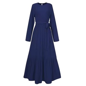 Vestidos largos vintage personalizados para mujer plisados empalmados con cinturón suelto manga larga casual señoras Maxi vestido - Product Image 2